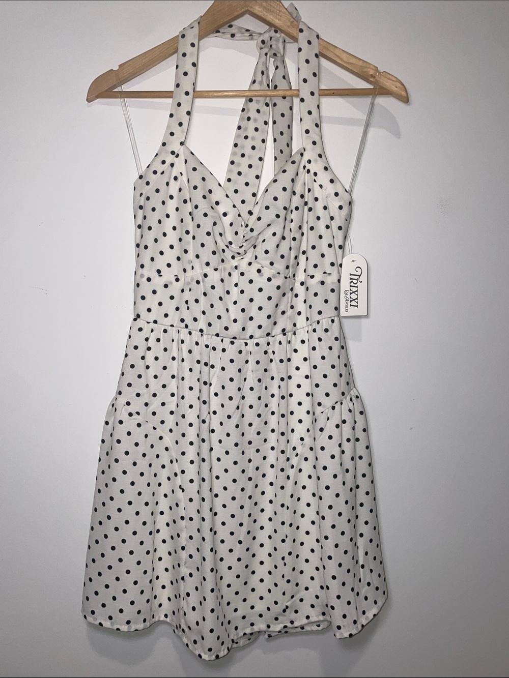 NWT - TRIXXI Mini Dress White & Black Polka Dot Halter Luxury Stylish Trendy